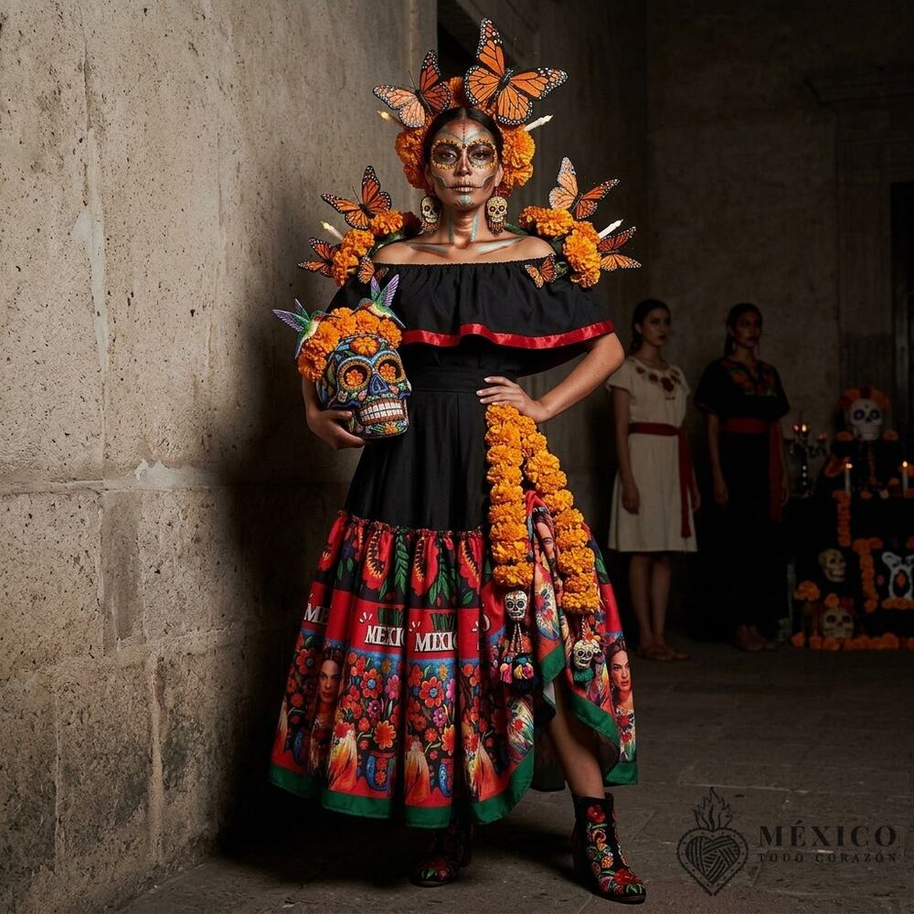 Mexican Dress Set Single Circle SkirT Day Of The Dead & Noche De Muertos